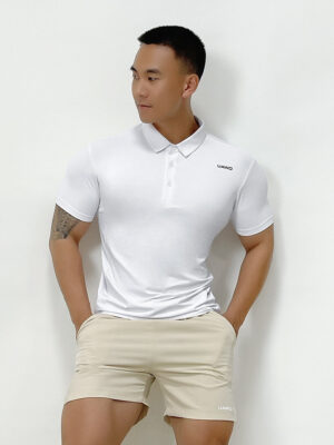 SuperAspire Summer solid color Polo shirt for men's slim fit, breathable, elastic, versatile, casual, elastic, quick drying, fitness short T-shirt