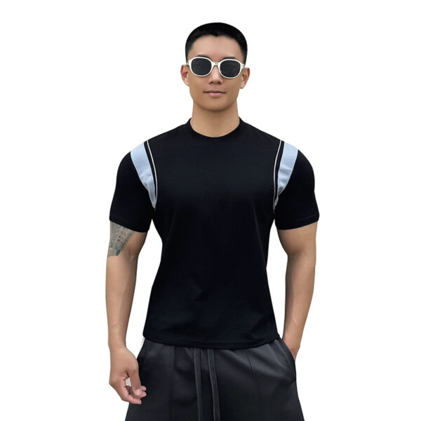 SuperAspire Summer men's shoulder patchwork color contrast short sleeved elastic slim fit quick drying breathable casual sports T-shirt trend