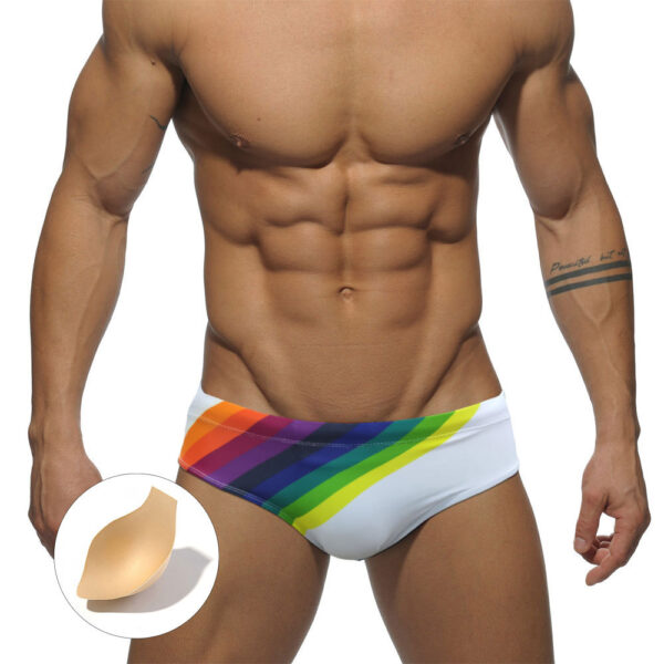 SuperAspire Men's Sports Sexy Triangle Bikini Swimming Pants Minimalist Colorful Stripe Printed Anti Walk Light Belt Cup Triangle Pants
